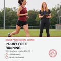 Promotional graphic for an online professional course on injury free running, featuring a photo of a runner on a grassy field with a fitness instructor holding a tablet, with text detailing course information below.