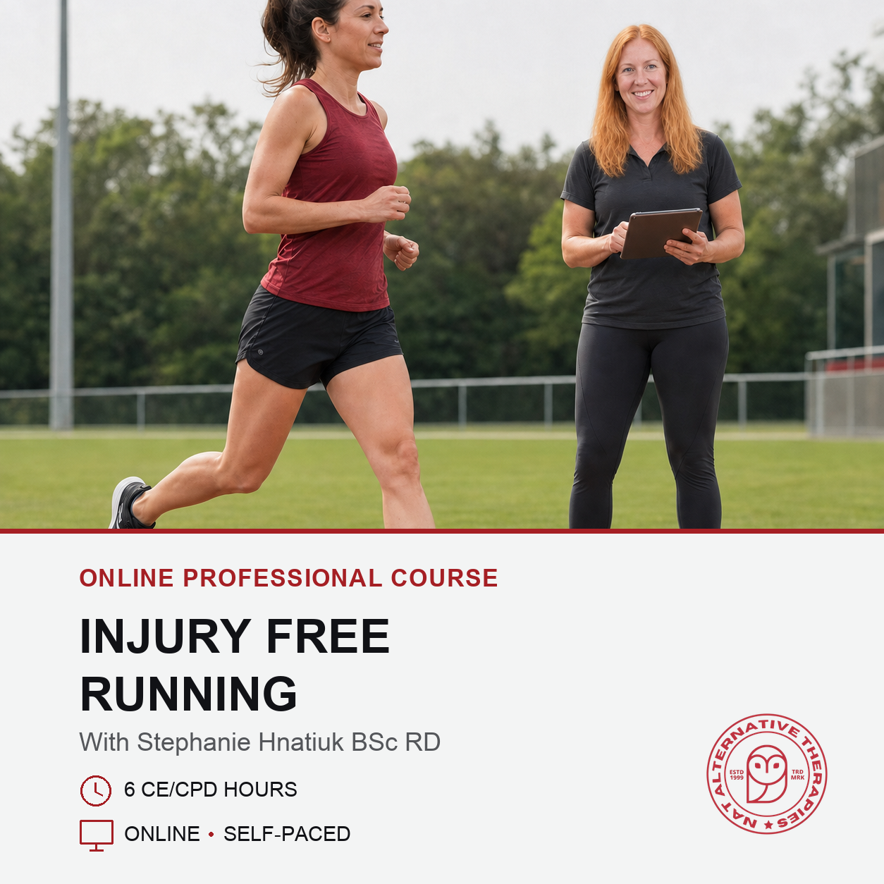 Promotional graphic for an online professional course on injury free running, featuring a photo of a runner on a grassy field with a fitness instructor holding a tablet, with text detailing course information below.
