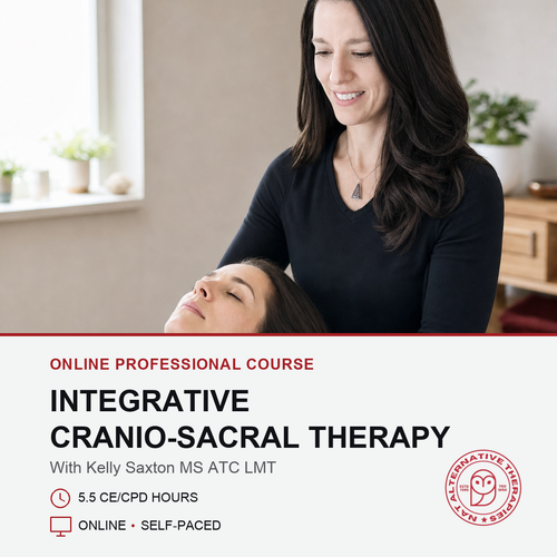 Promotional graphic for an online professional course titled 'Integrative Cranio-Sacral Therapy' with Kelly Saxton MS ATC LMT. The top half shows a therapist gently holding a person's head in a softly lit indoor setting.