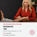 Promotional graphic for the NAT Advanced Skills Diploma in Integrative TCM, featuring a photo of a blonde woman in a red blouse performing a wrist massage on another person, with text detailing the program's 25-30 hours of online self-paced learning.