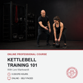 Promotional graphic for an online kettlebell training course, featuring a male instructor and a female student in a gym setting with a kettlebell. The top portion shows the two people in a dark gym, while the bottom portion is a white banner with red and black text reading 'ONLINE PROFESSIONAL COURSE KETTLEBELL TRAINING 101 With Levi Markwardt' and course details, alongside a red circular logo for 'Creative Kettlebell Coaching'.