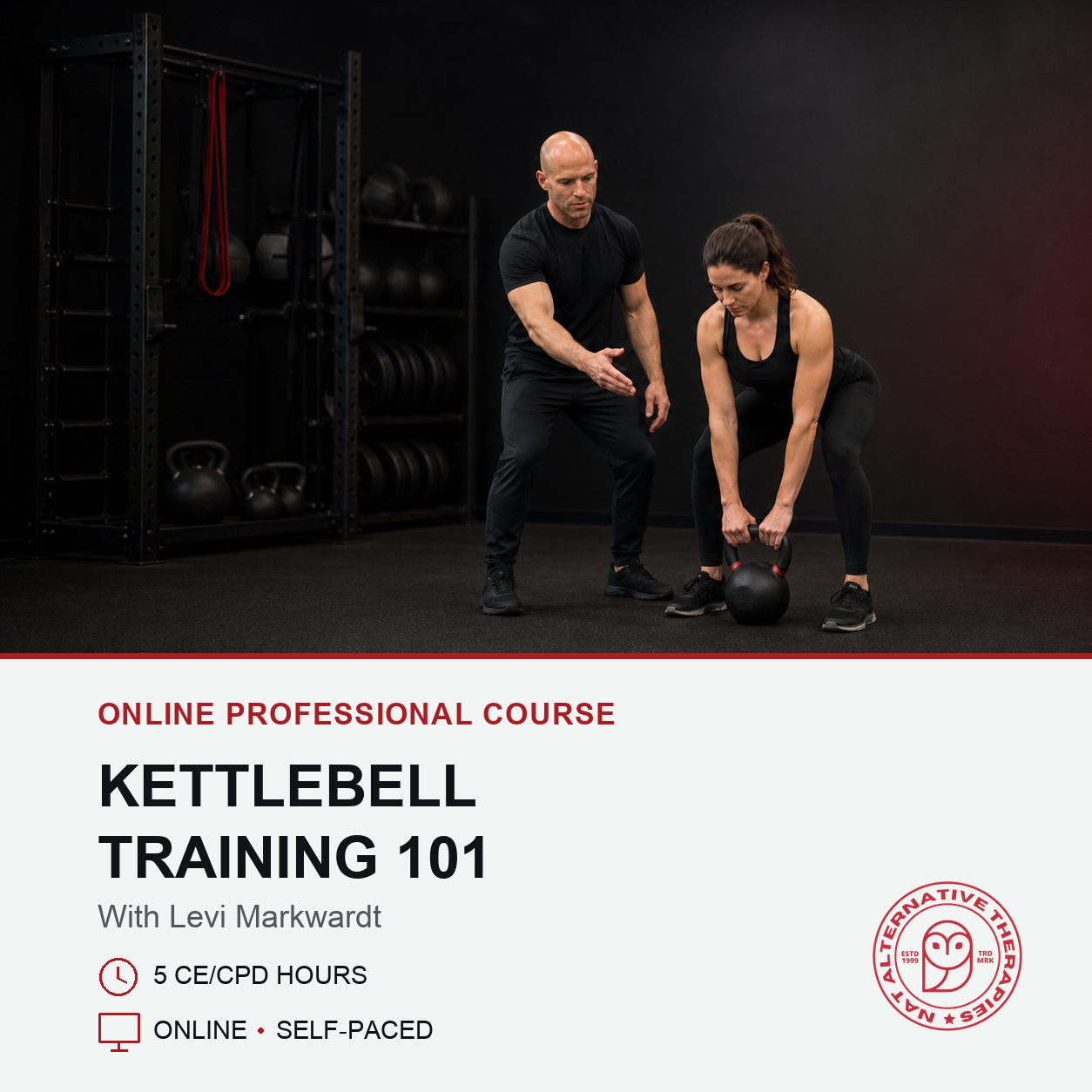 Promotional graphic for an online kettlebell training course, featuring a male instructor and a female student in a gym setting with a kettlebell. The top portion shows the two people in a dark gym, while the bottom portion is a white banner with red and black text reading 'ONLINE PROFESSIONAL COURSE KETTLEBELL TRAINING 101 With Levi Markwardt' and course details, alongside a red circular logo for 'Creative Kettlebell Coaching'.