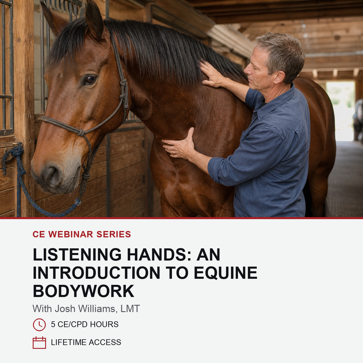 Promotional graphic for a CE webinar series featuring a photo of a man performing equine bodywork on a brown horse in a stable, with text reading 'LISTENING HANDS: AN INTRODUCTION TO EQUINE BODYWORK' and details including 'With Josh Williams, LMT', '5 CE/CPD HOURS', and 'LIFETIME ACCESS'.
