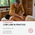 A man in a mustard yellow scrub top performs a massage on another person lying on a table in a spa-like room. The photo is overlaid with promotional text reading 'CE WEBINAR SERIES LOMI LOMI IN PRACTICE' and includes a red logo for Alternative Health Education.