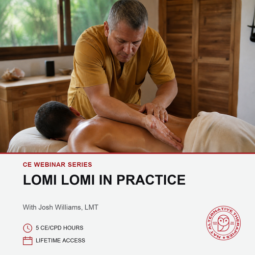 A man in a mustard yellow scrub top performs a massage on another person lying on a table in a spa-like room. The photo is overlaid with promotional text reading 'CE WEBINAR SERIES LOMI LOMI IN PRACTICE' and includes a red logo for Alternative Health Education.