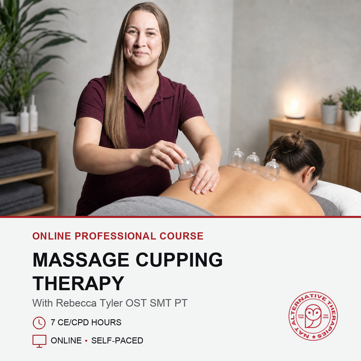 Promotional graphic for an online professional course in massage cupping therapy, featuring a therapist performing cupping on a client in a spa setting, with text detailing the course information and a logo for 'Intuitive Health Plan & Society'.
