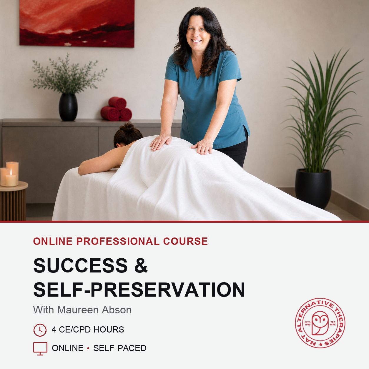 Promotional image of Maureen Abson CMT with a client in her clinic performing light massage techniques for her course the massage therapists guide to success and self-preservation.