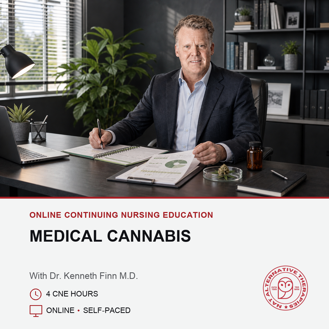 Promotional graphic for an online continuing nursing education course titled 'Medical Cannabis' with Dr. Kenneth Finn M.