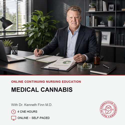 Promotional graphic for an online continuing nursing education course titled 'Medical Cannabis' with Dr. Kenneth Finn M.
