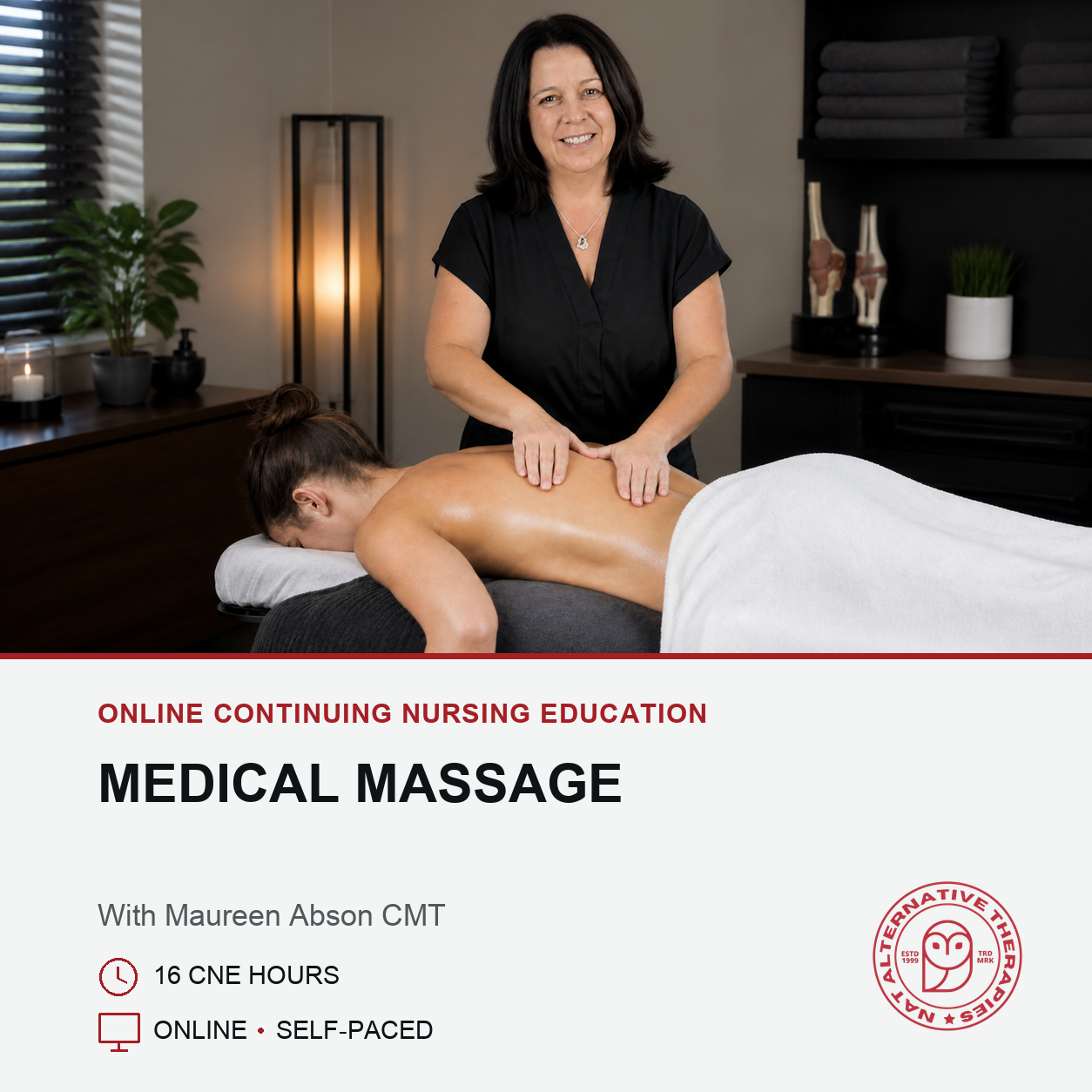 Promotional image for online CE course teaching medical massage in which Maureen Abson is seen treating a patient with tight back muscles