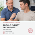 Promotional graphic for an online professional course titled 'Muscle Energy Techniques' with Stuart Hinds. The top half shows a man in a blue polo shirt assisting another man in a beige t-shirt with a muscle exercise.