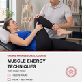 Promotional image for an online course teaching muscle energy techniques shows a therapist performing hip stretching on female patient.