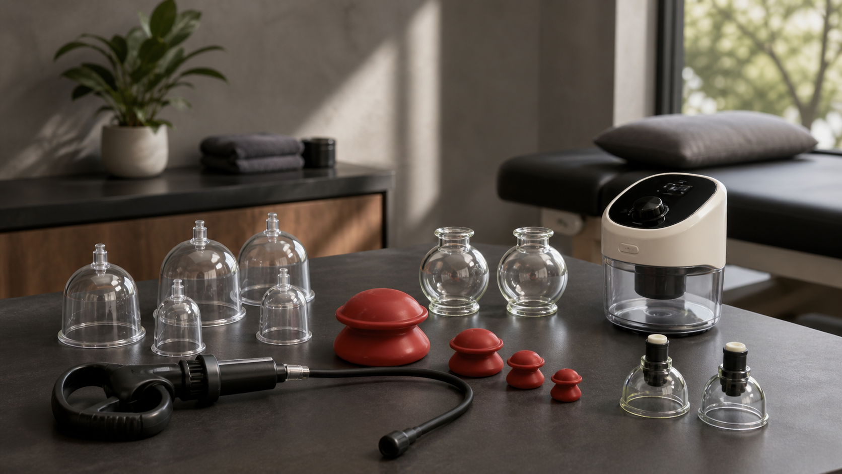 Professional cupping sets and accessories displayed in a contemporary treatment room