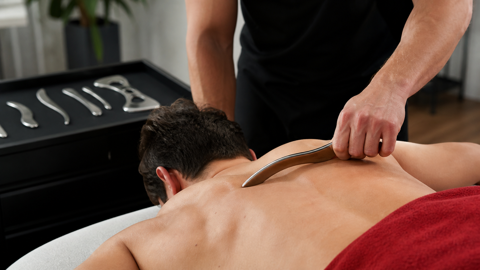 Therapist using a stainless-steel IASTM tool during soft-tissue treatment