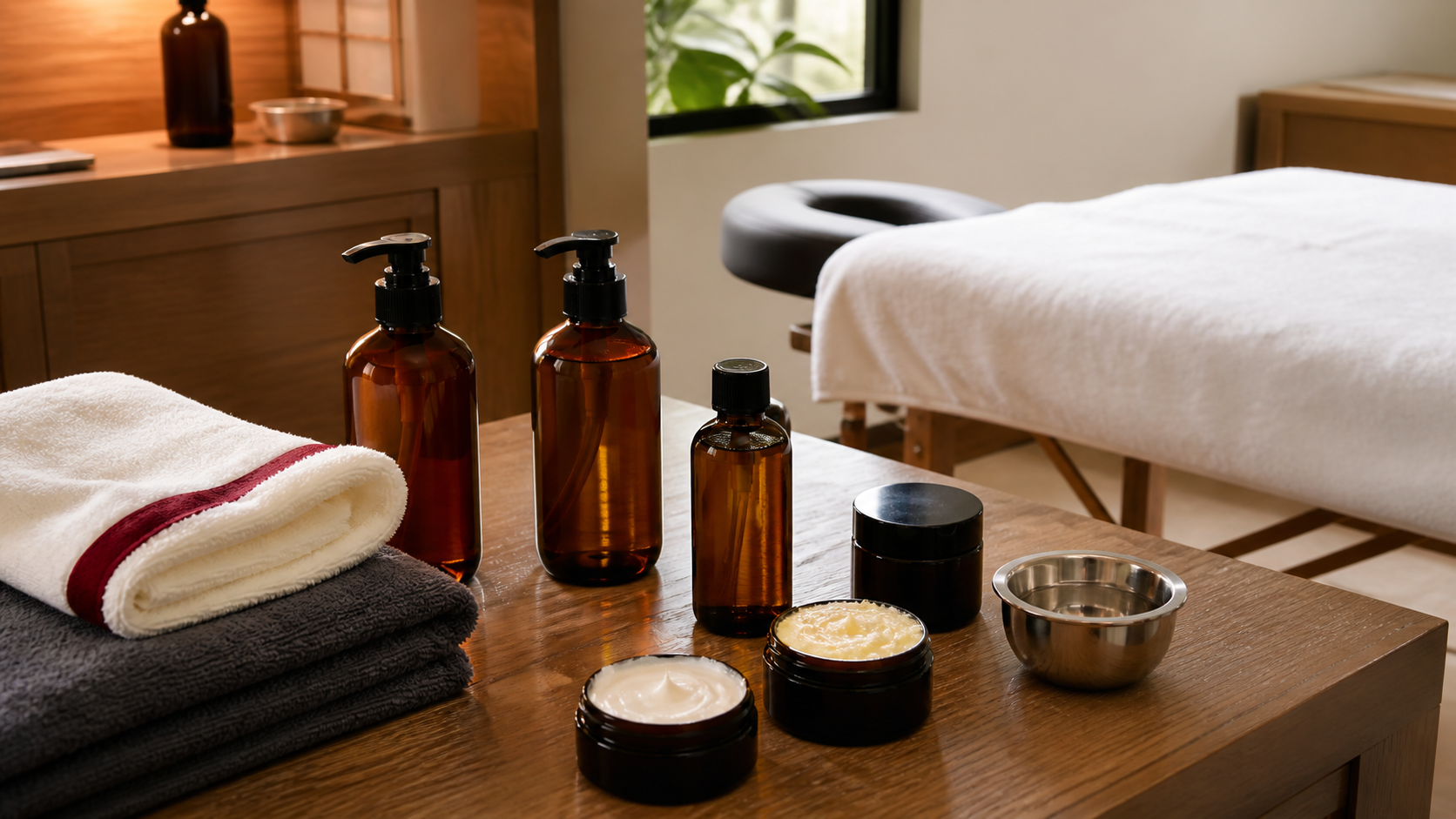 Massage oils creams and body butters arranged in a professional treatment room