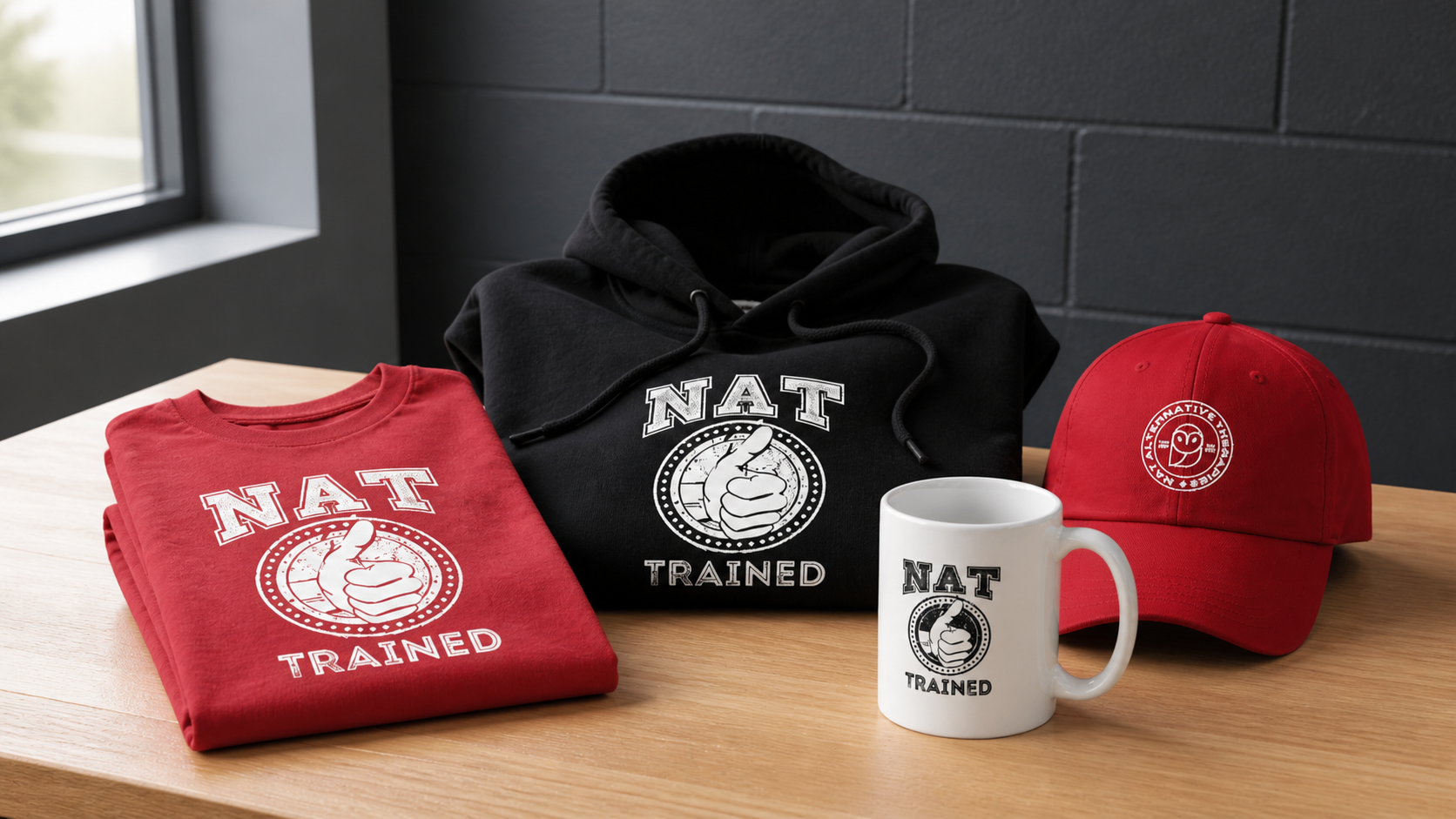 NAT trained clothing cap and mug arranged on a studio table