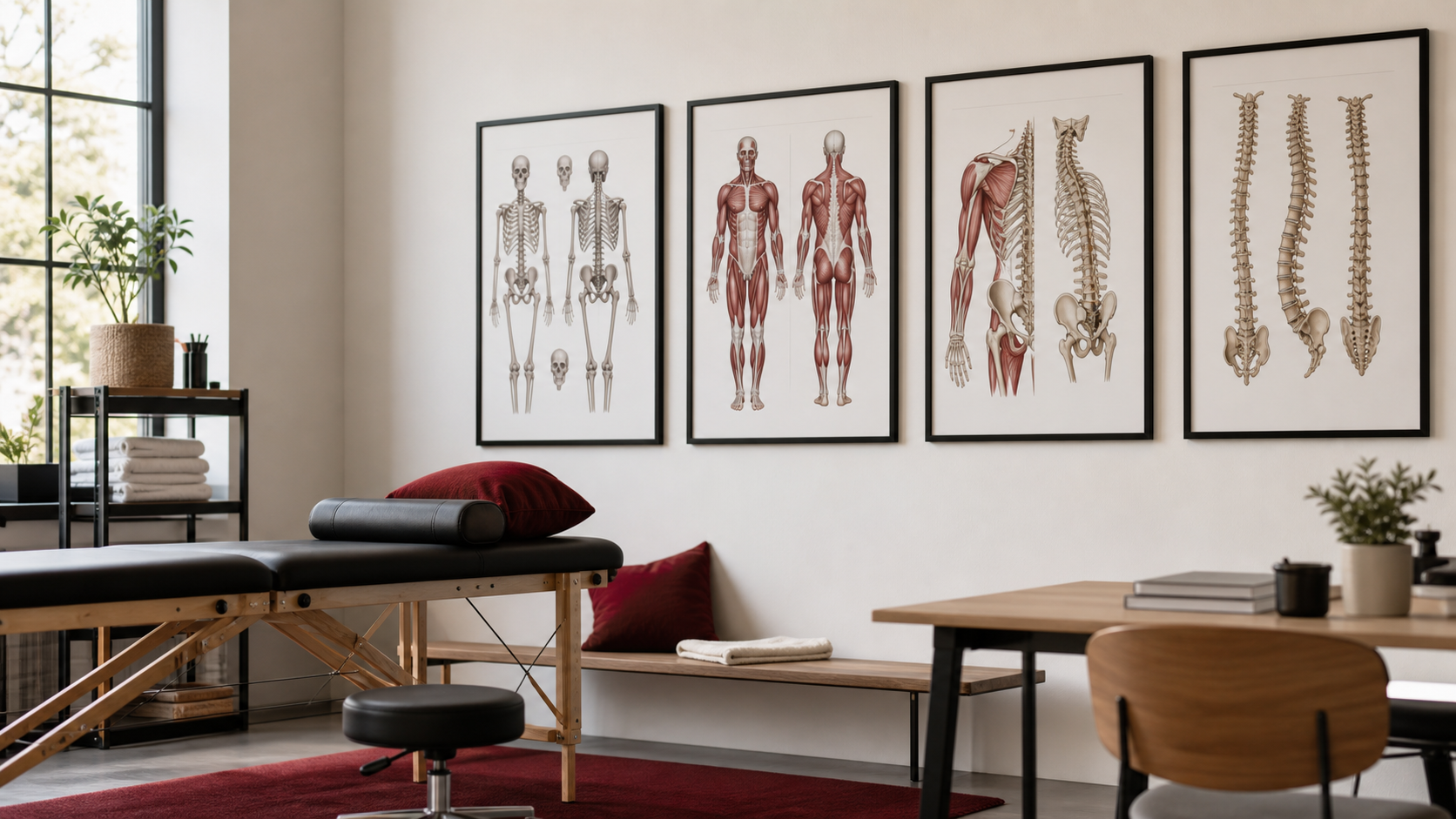 Anatomy posters displayed in a contemporary manual therapy teaching room