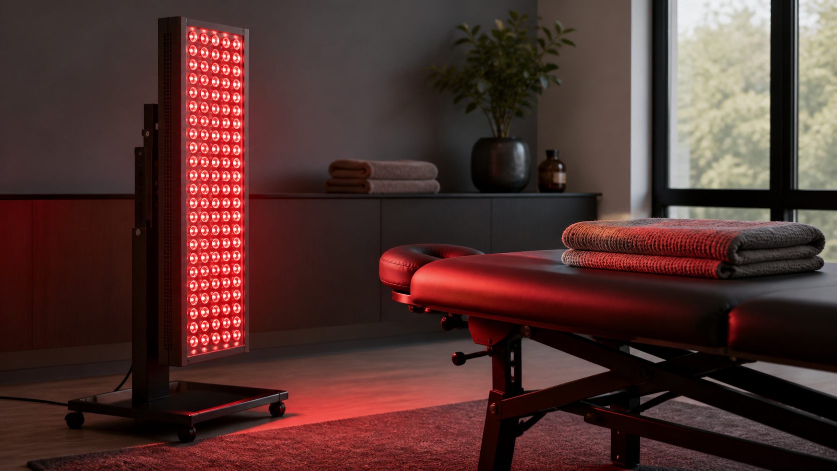 Professional red light therapy panel in a contemporary treatment room