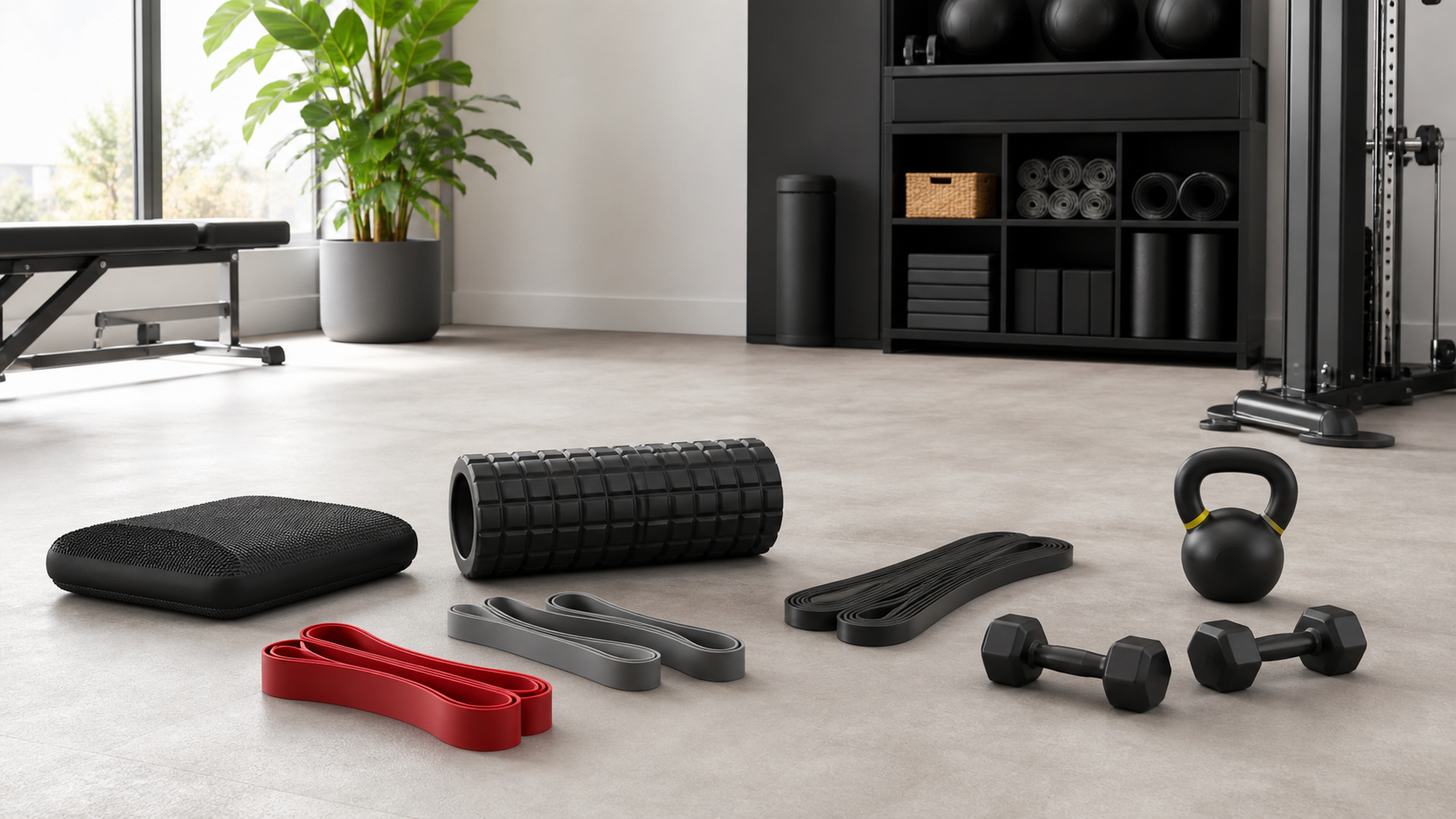 Resistance bands and rehabilitation gym equipment in a contemporary studio