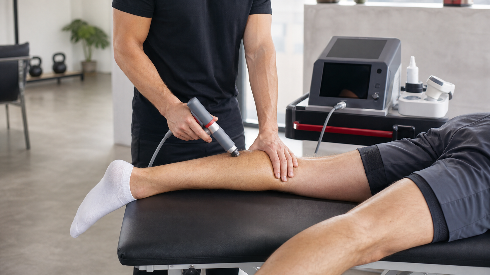 Rehabilitation practitioner using professional shockwave therapy equipment