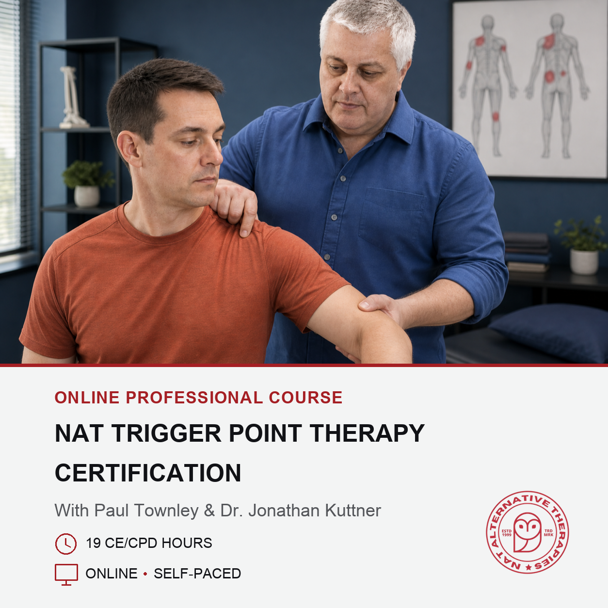 Promotional graphic for an online professional course titled 'NAT Trigger Point Therapy Certification,' showing a man in an orange shirt having his arm examined by another man in a blue shirt, with course text and branding on a white lower section.