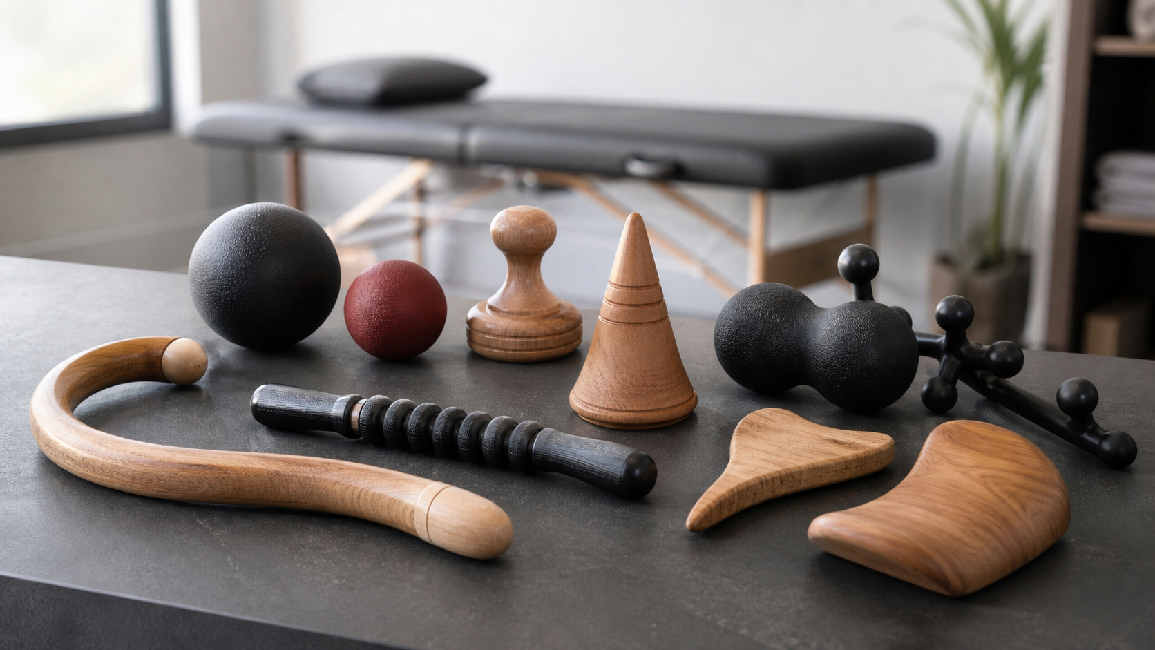 Wooden and rubber trigger point therapy tools arranged in a manual therapy clinic