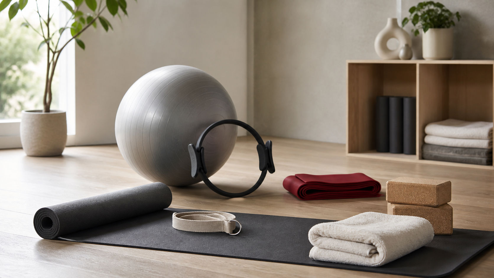 Yoga and Pilates equipment arranged in a contemporary movement studio