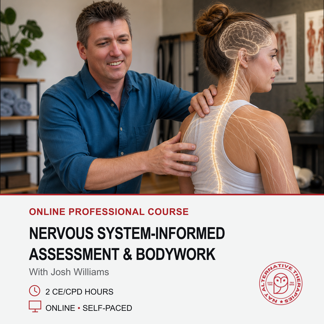 Promotional graphic for an online professional course titled 'Nervous System-Informed Assessment & Bodywork' with Josh Williams. The top half shows a man in a blue shirt touching the shoulder and upper back of a woman in a white tank top, with a glowing yellow illustrated nervous system along her spine and a highlighted brain overlay.