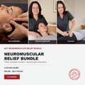 Promotional graphic for a Neuromuscular Relief Bundle consisting of three courses, featuring three panels of massage therapists performing treatments on clients, with text detailing course hours and a logo for Alternative Healing School & Yoga.