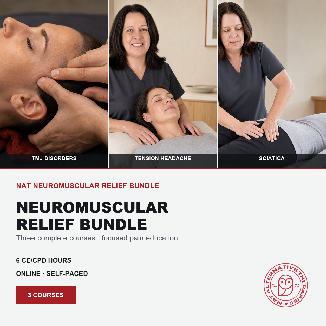 Promotional graphic for a Neuromuscular Relief Bundle consisting of three courses, featuring three panels of massage therapists performing treatments on clients, with text detailing course hours and a logo for Alternative Healing School & Yoga.