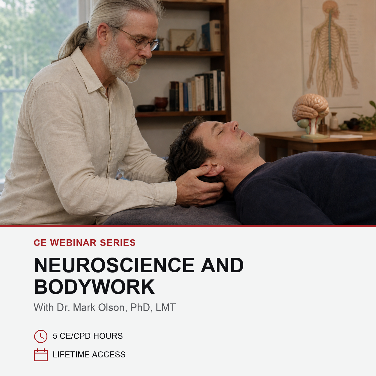 Promotional graphic for a CE webinar series titled 'Neuroscience and Bodywork' with Dr. Mark Olson, PhD, LMT.