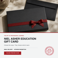 A black gift box with a dark red ribbon and bow, with a white promotional card below reading 'NIEL ASHER EDUCATION GIFT CARD' and showing the Alternative Learning Partners logo.