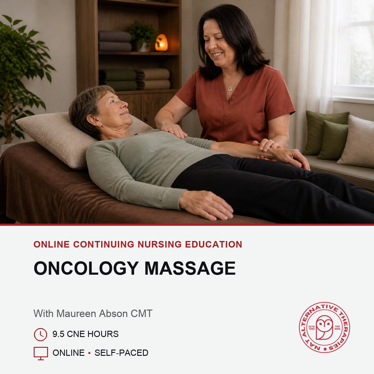 Promotional graphic for an online continuing nursing education course titled 'Oncology Massage' with Maureen Abon CMT. The top half shows a lifestyle photo of a massage therapist giving a massage to an elderly woman lying down.