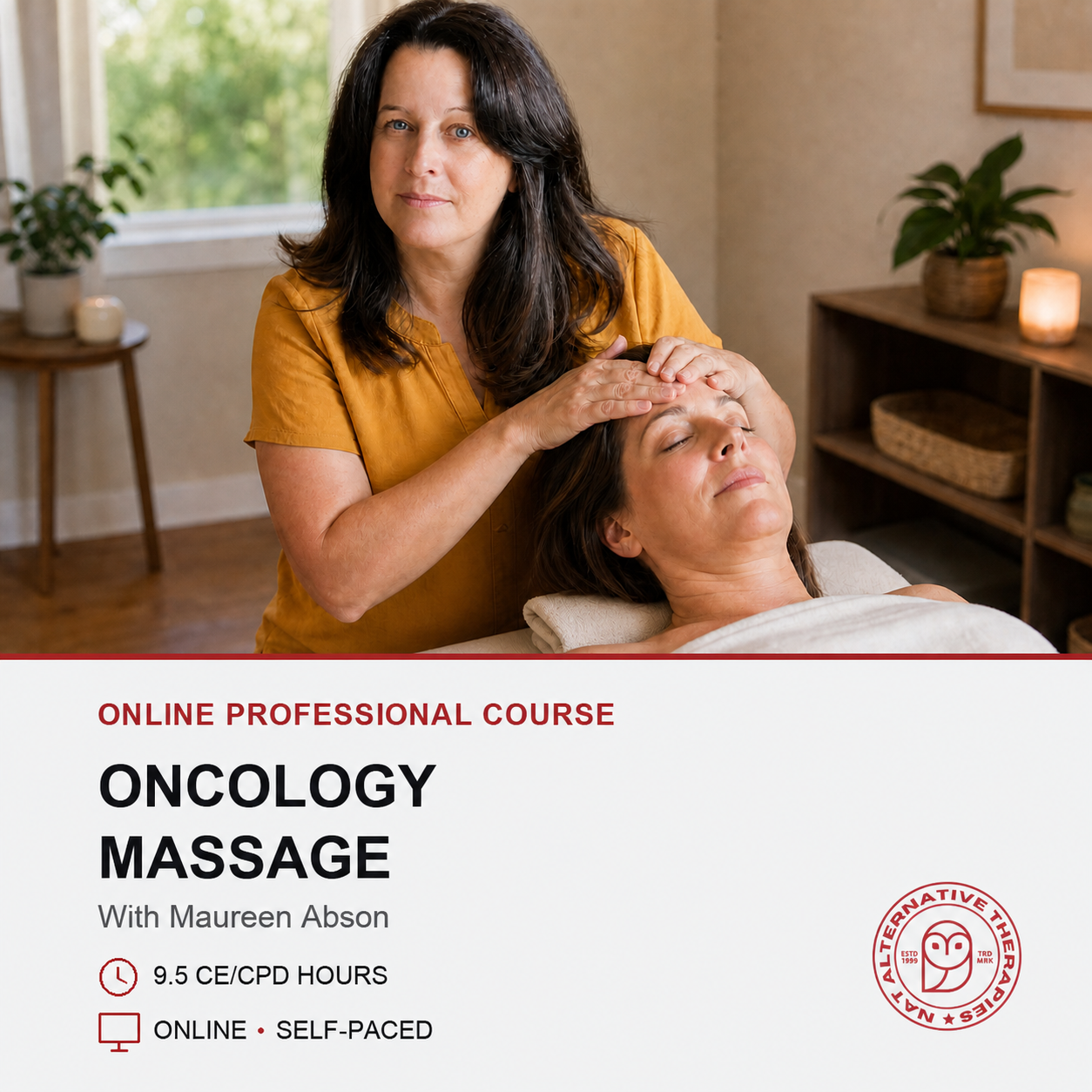Promotional graphic for an online professional course on oncology massage with Maureen Abon. The top half shows a smiling massage therapist in a mustard yellow shirt massaging a woman lying down in a warmly lit room.