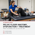 A pelvic floor anatomy and dysfunction treatment CE webinar promotional graphic. The top portion shows a therapist in a blue shirt assisting a woman lying on a treatment table, with an anatomical model on a stool nearby.