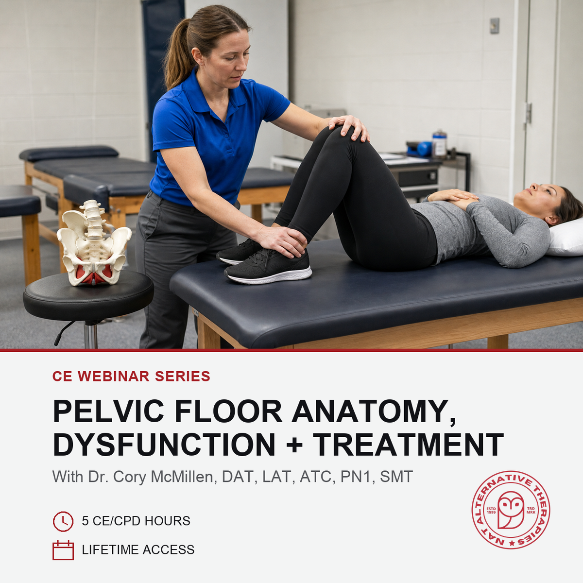 A pelvic floor anatomy and dysfunction treatment CE webinar promotional graphic. The top portion shows a therapist in a blue shirt assisting a woman lying on a treatment table, with an anatomical model on a stool nearby.