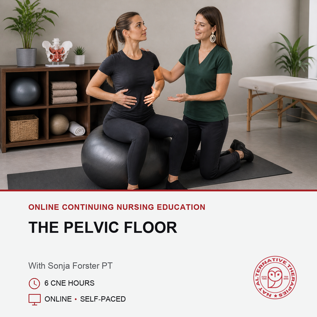 Promotional graphic for an online continuing nursing education course titled 'The Pelvic Floor' with Sonja Forster PT. The top half shows a pelvic floor therapist assisting a pregnant woman on a black exercise ball in a bright room.