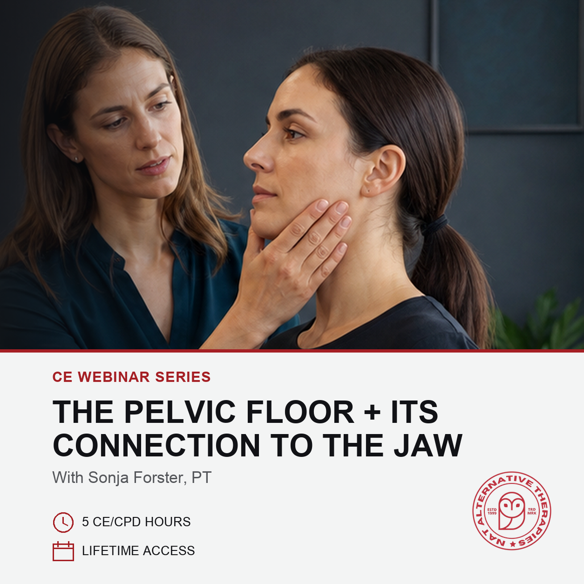Promotional graphic for a CE webinar series titled 'THE PELVIC FLOOR + ITS CONNECTION TO THE JAW' with Sonja Forster, PT. The top portion shows a close-up of a therapist assessing a woman's jaw and cheek, while the bottom portion contains event details on a white background with the Alternative View Dental + Skincare logo.