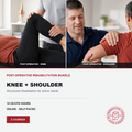 Promotional graphic for a post-operative rehabilitation bundle covering knee and shoulder courses. The top half shows two side-by-side photos of patients receiving physical therapy: one with a therapist holding a bent knee, labeled 'POST-OPERATIVE - KNEE,' and another with a therapist holding a bent shoulder, labeled 'POST-OPERATIVE - SHOULDER.