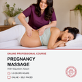 A pregnant woman receives a massage from a certified practitioner in a bright, modern room. The lower portion of the image features text detailing an online professional course for pregnancy massage with Maureen Abon, including course hours and a logo for 'Intuitive Prenatal Classics'.