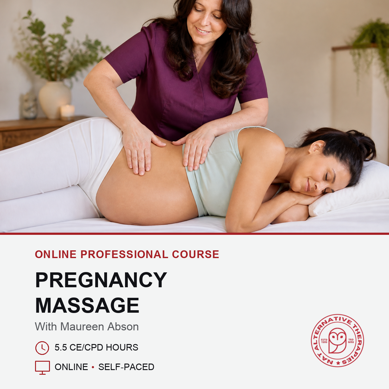 A pregnant woman receives a massage from a certified practitioner in a bright, modern room. The lower portion of the image features text detailing an online professional course for pregnancy massage with Maureen Abon, including course hours and a logo for 'Intuitive Prenatal Classics'.