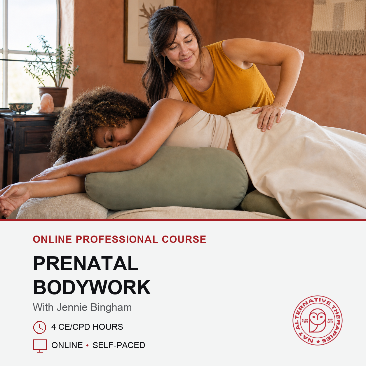 Promotional graphic for an online professional course titled 'Prenatal Bodywork' with Jennie Bingham. The top half shows a pregnant woman lying down while another woman performs prenatal bodywork on her, using a green support pillow and a white sheet.