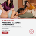 Promotional graphic for a 'Nat Prenatal Care Bundle' featuring prenatal massage and bodywork courses. The top half shows two women in a studio setting, one receiving a massage while the other rests on a massage pillow.