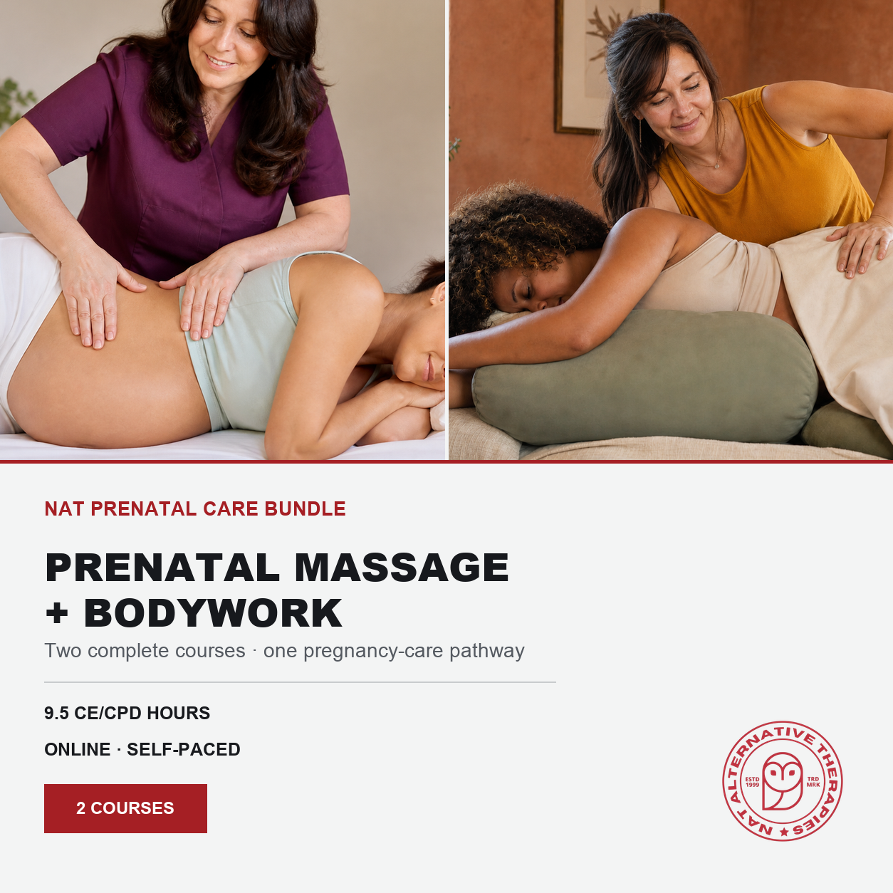 Promotional graphic for a 'Nat Prenatal Care Bundle' featuring prenatal massage and bodywork courses. The top half shows two women in a studio setting, one receiving a massage while the other rests on a massage pillow.