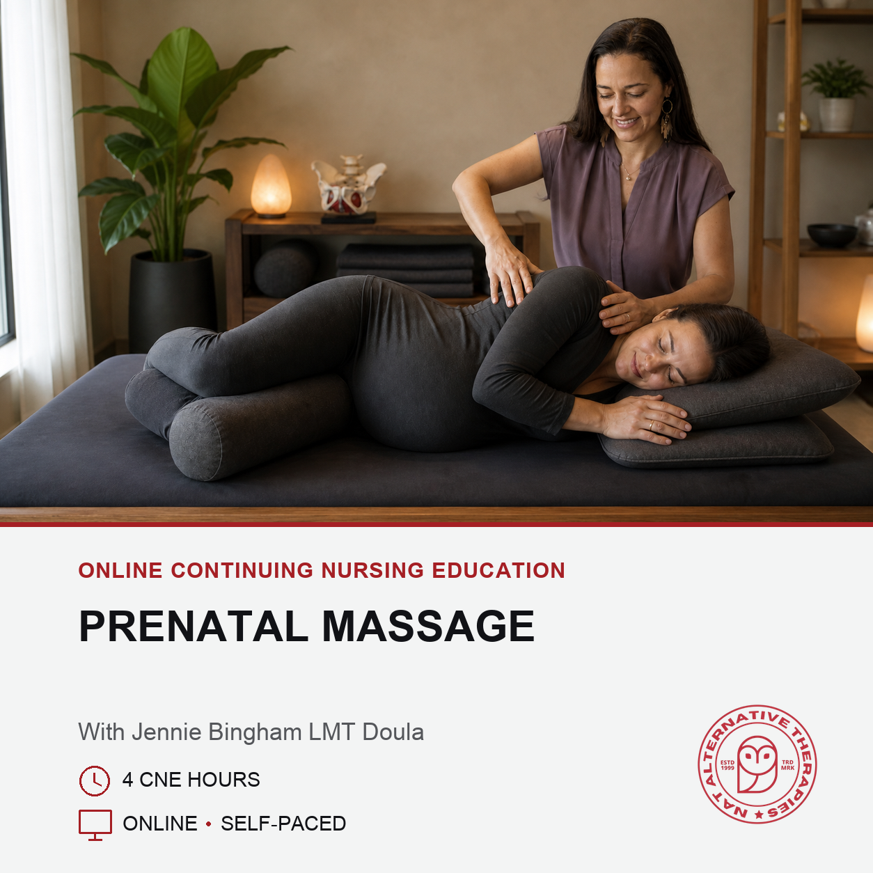 Promotional graphic for a prenatal massage course, featuring a lifestyle photo of a massage therapist performing a side-lying massage on a woman on a massage table, with text details below on a white background.