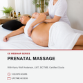 A pregnant woman lies on a massage table while a Certified Doula provides prenatal massage. The top half shows the live scene with the doulai in a white uniform, the woman wrapped in white towels, and a black pillow.