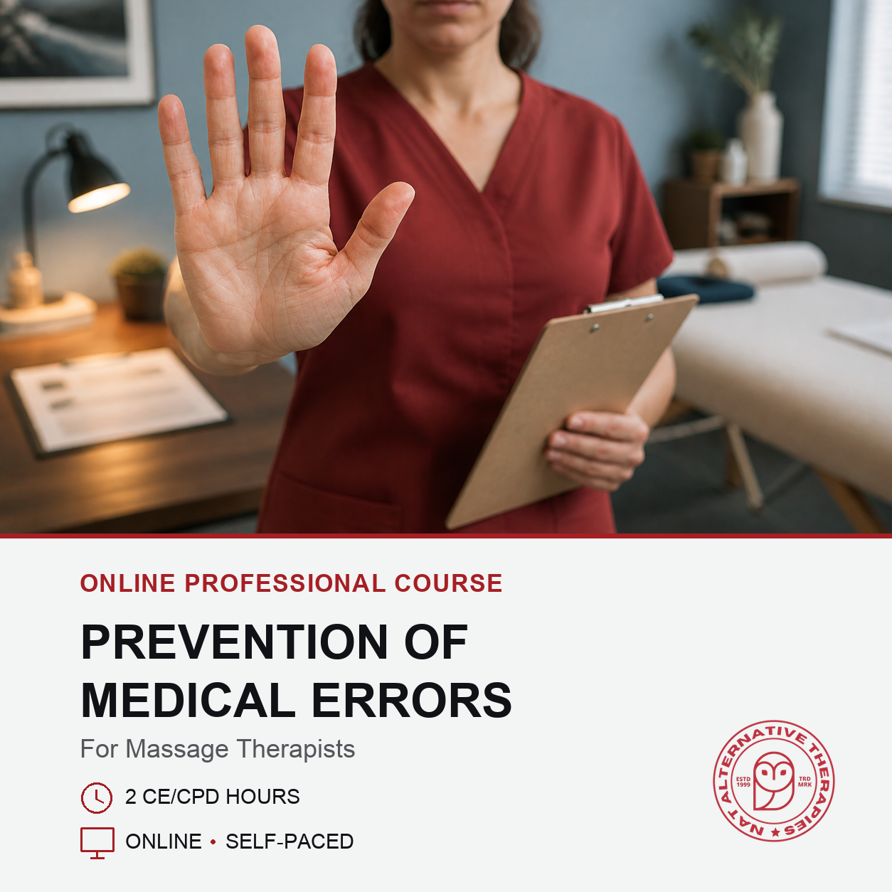 Promotional graphic for an online professional course titled 'Prevention of Medical Errors' for massage therapists. The top portion shows a woman in red medical scrubs holding a clipboard with her hand raised in front, set in a clinic environment.