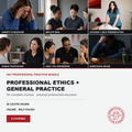 Promotional graphic for a 'Professional Ethics + General Practice' online self-paced course bundle by Legislative Vision Law & Ethics. The top features six small video thumbnails showing lawyers and clients discussing topics like anxiety, implicit bias, success, human trafficking, AIDS/HIV awareness, and substance abuse.