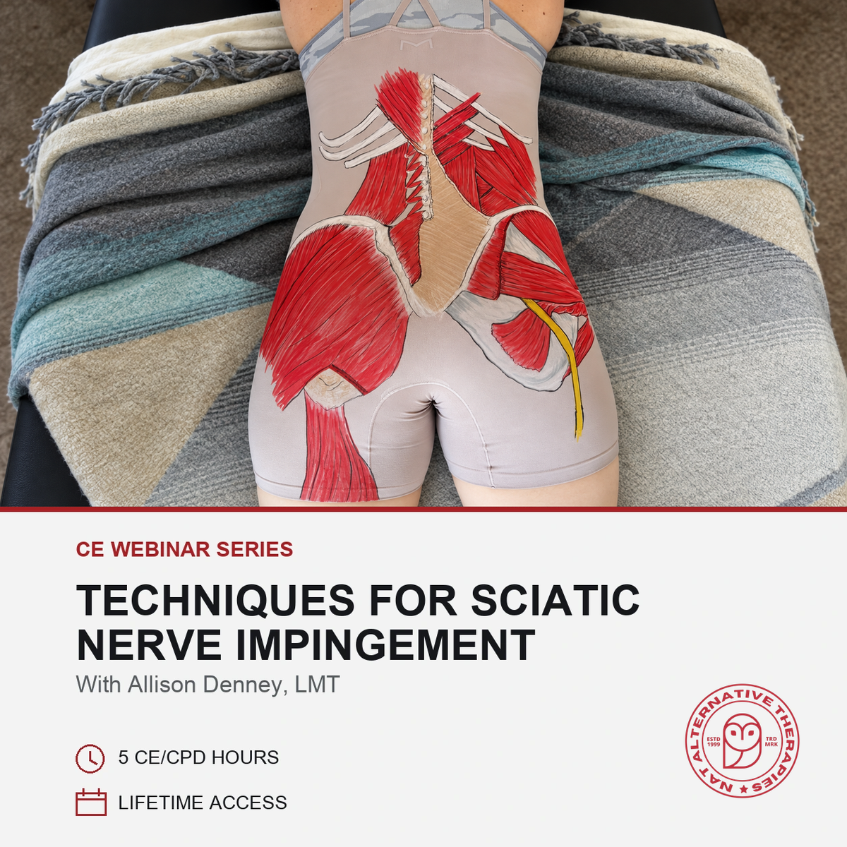 Promotional image of Rebel Massage's Alison Denney LMT treating a patient with Sciatica symptoms also known as pseudoscatica including muscle and anatomy body painting