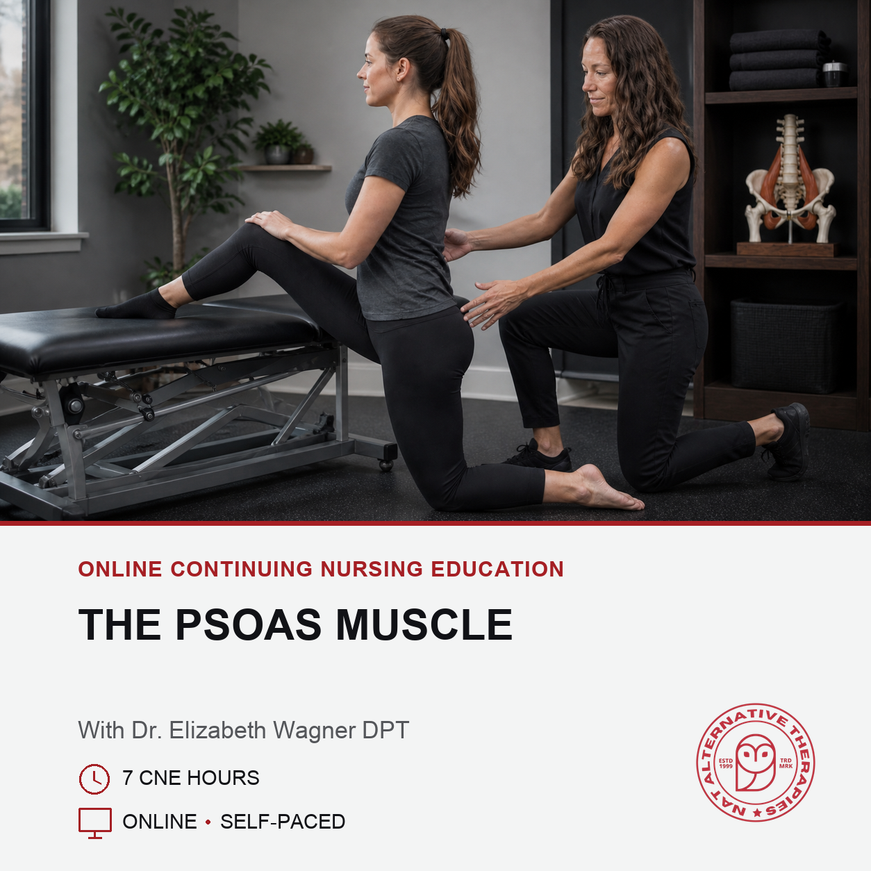 A promotional graphic for an online continuing nursing education course titled 'THE PSOAS MUSCLE' with Dr. Elizabeth Wagner DPT.